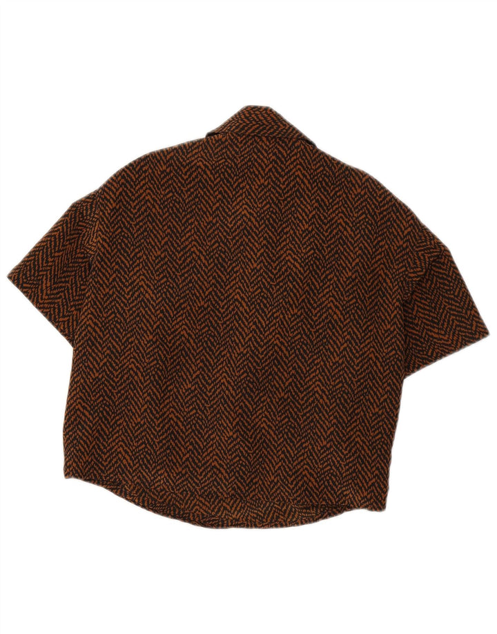 Vintage Damen Crop Kurzarm-Hemdbluse UK 8 Small Brown Herringbone