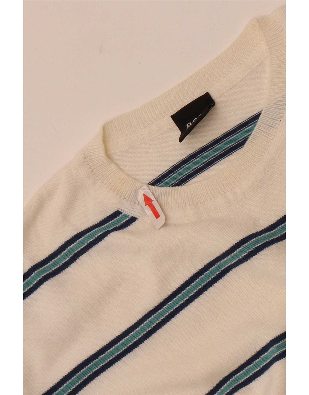 Hugo Boss Herren-Pullover mit Rundhalsausschnitt, mittelweiß gestreifte Baumwolle