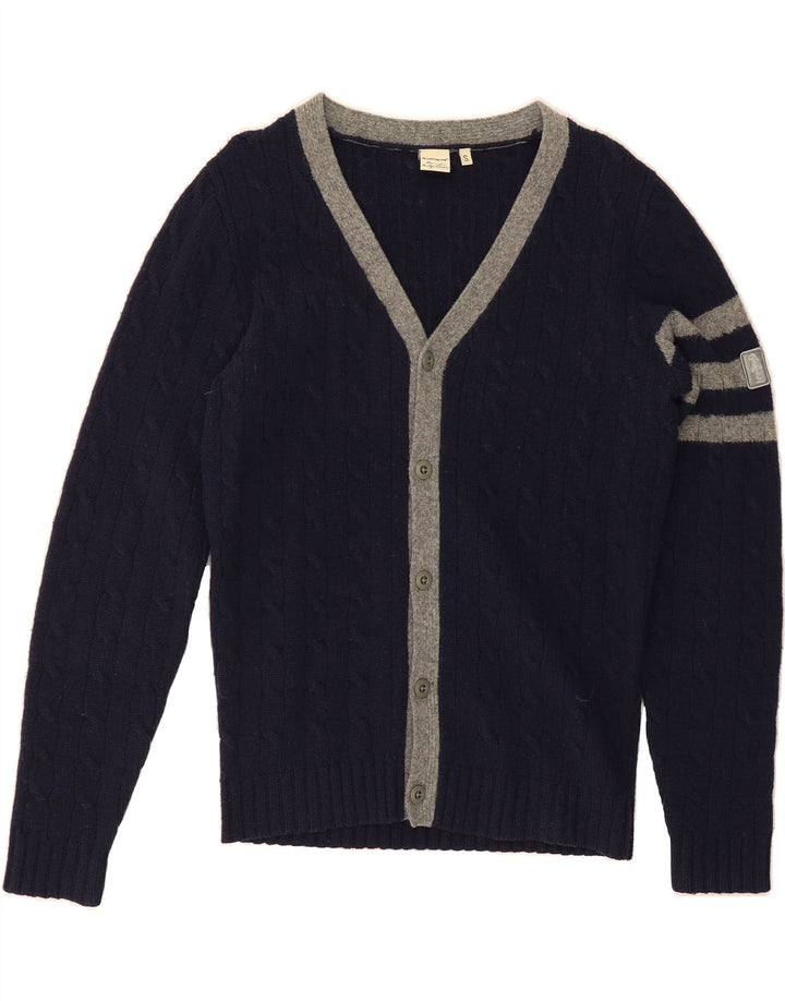 REFRIGUE Herren-Strickjacke, klein, marineblau, gestreifte Lammwolle