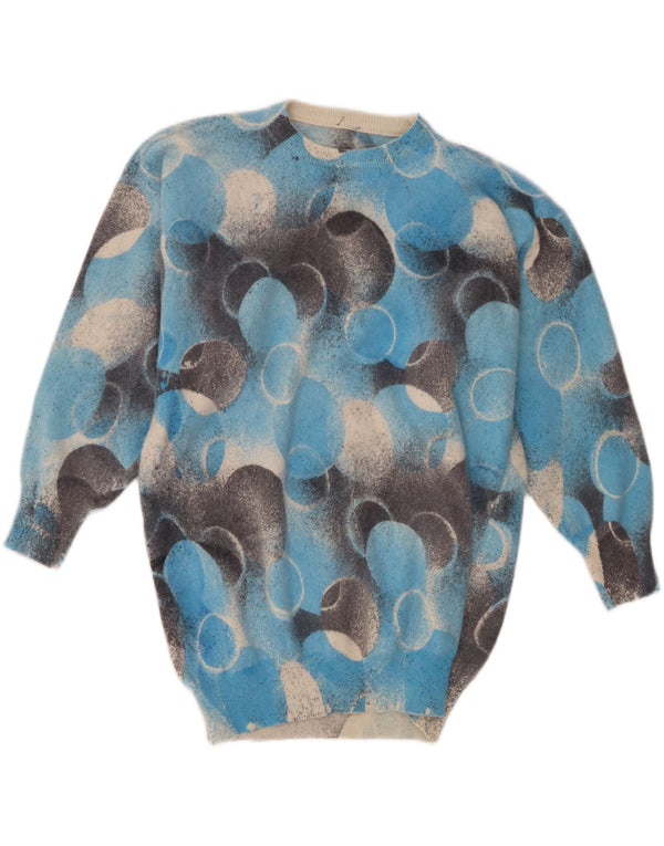 Vintage Damen Pullover mit Rundhalsausschnitt, Gr. 14, groß, blau, geometrisch