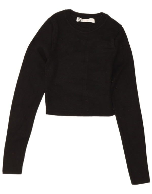 Zara Damen Crop Top Langarm UK 8 Small Schwarze Viskose