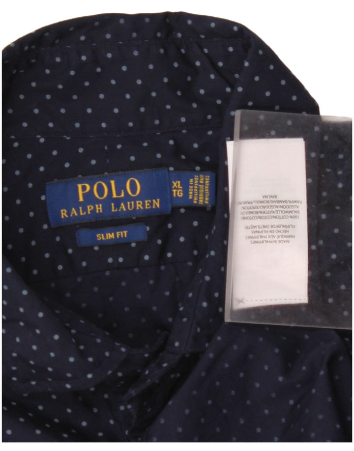 POLO RALPH LAUREN Herren Slim Fit Hemd XL Marineblau gepunktete Baumwolle