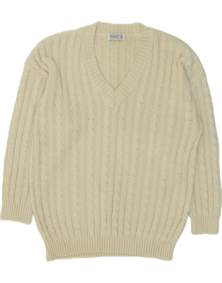 VINTAGE Womens Oversized V-Neck Jumper Sweater UK 10 Small Off White Vintage Vintage and Second-Hand Vintage from Messina Hembry 