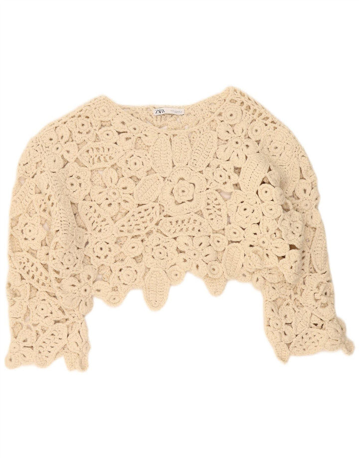 Übergroßes Häkelblusenoberteil mit 3/4-Ärmeln von Zara, UK-Gr. 14, Mittelbeige