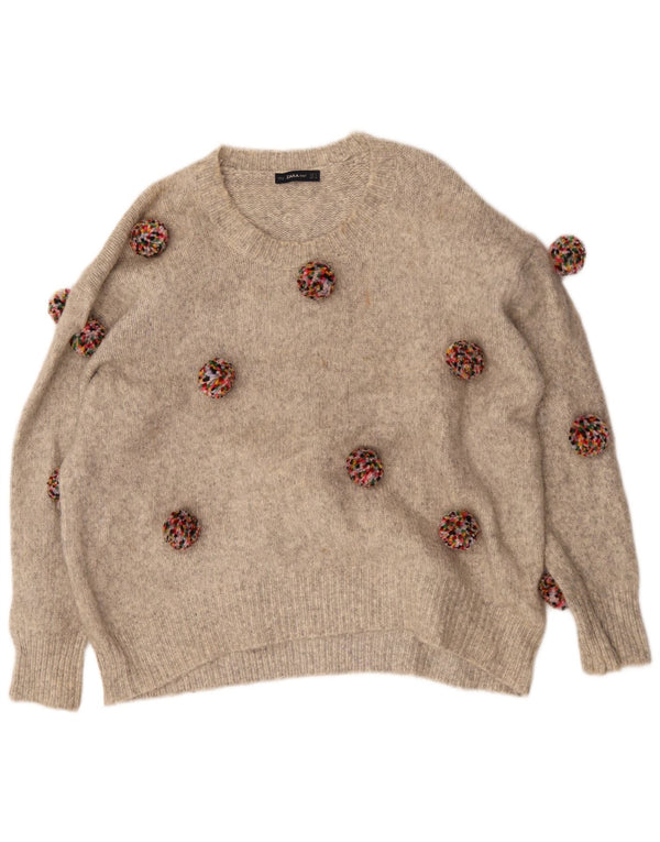 Zara Damen-Pullover, übergroß, U-Boot-Ausschnitt, Gr. 10, Größe S, Beige gefleckt