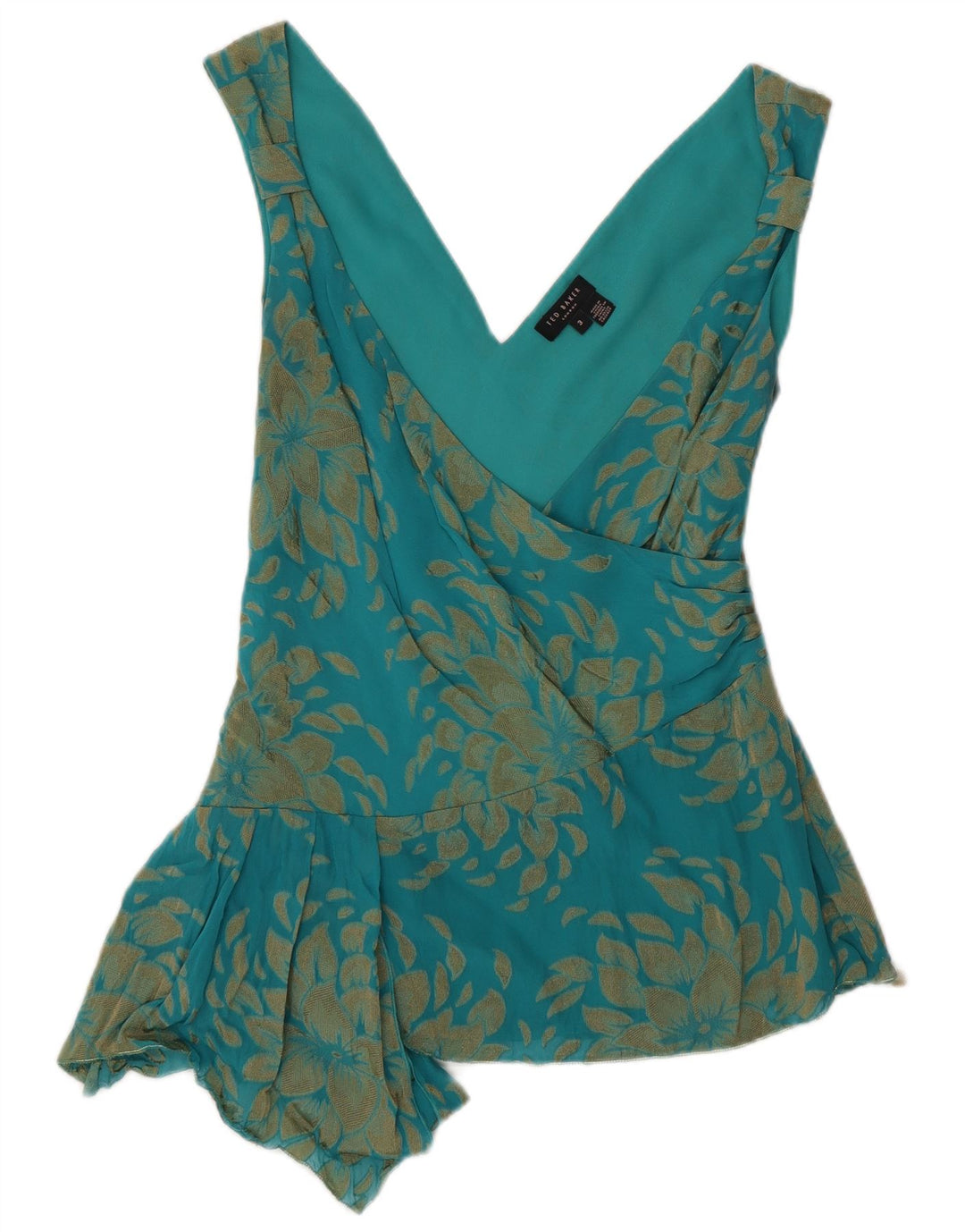 Ted Baker Asymmetrisches Blusenoberteil für Damen, Größe 3, Mittelgrün mit Blumenmuster