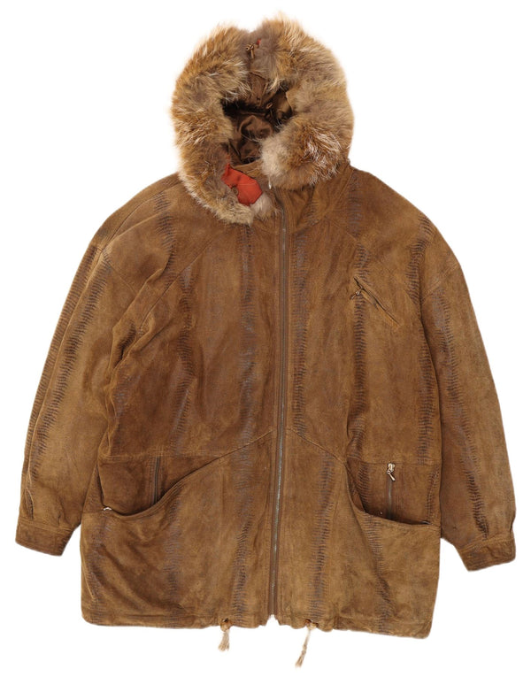 Vintage Damen Übergroßer Kapuzen-Wildledermantel EU 44 XL Brauner Tierdruck