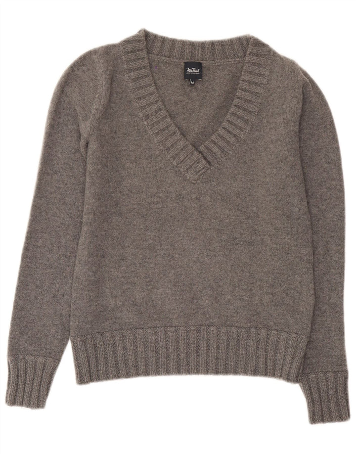 Woolrich Damen-Pullover mit V-Ausschnitt, UK 12, mittelgraue Wolle
