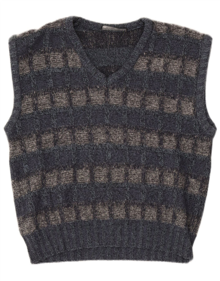 Vintage Herren Weste Tank Top Small Grau Karo Acryl