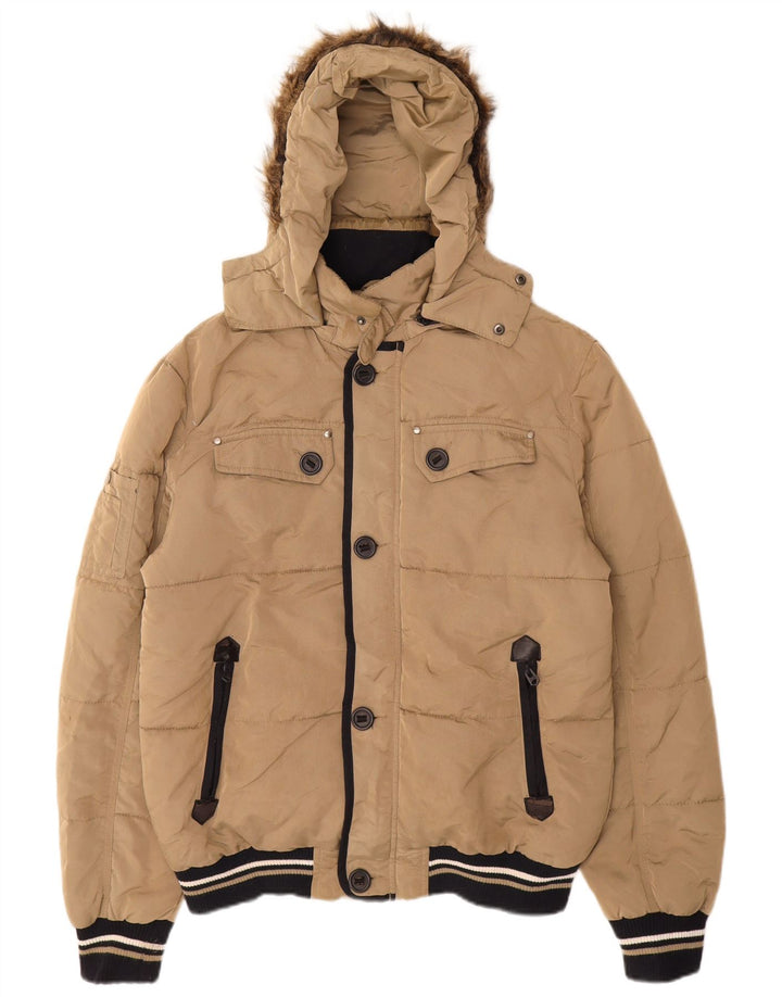Zara Herren-Jacke mit Kapuze, gepolstert, Größe 40, Beige, Nylon