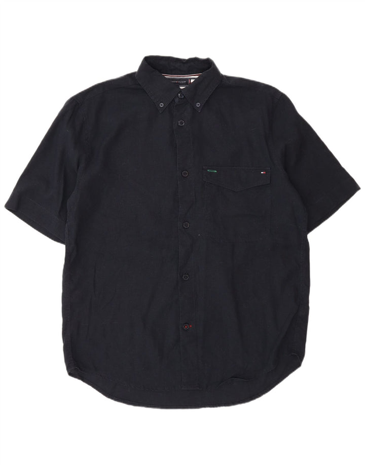 Tommy Hilfiger Herren-Kurzarmhemd aus mittelblauem Leinen in Marineblau