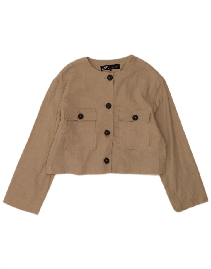 Zara Damen Crop 4 Button Blazer Jacke UK 14 Medium Beige Polyester