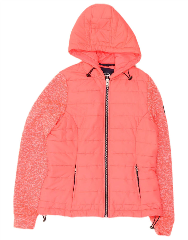 Superdry Damen-Bomberjacke mit Kapuze, Gr. 8, klein, rosa geflecktes Nylon