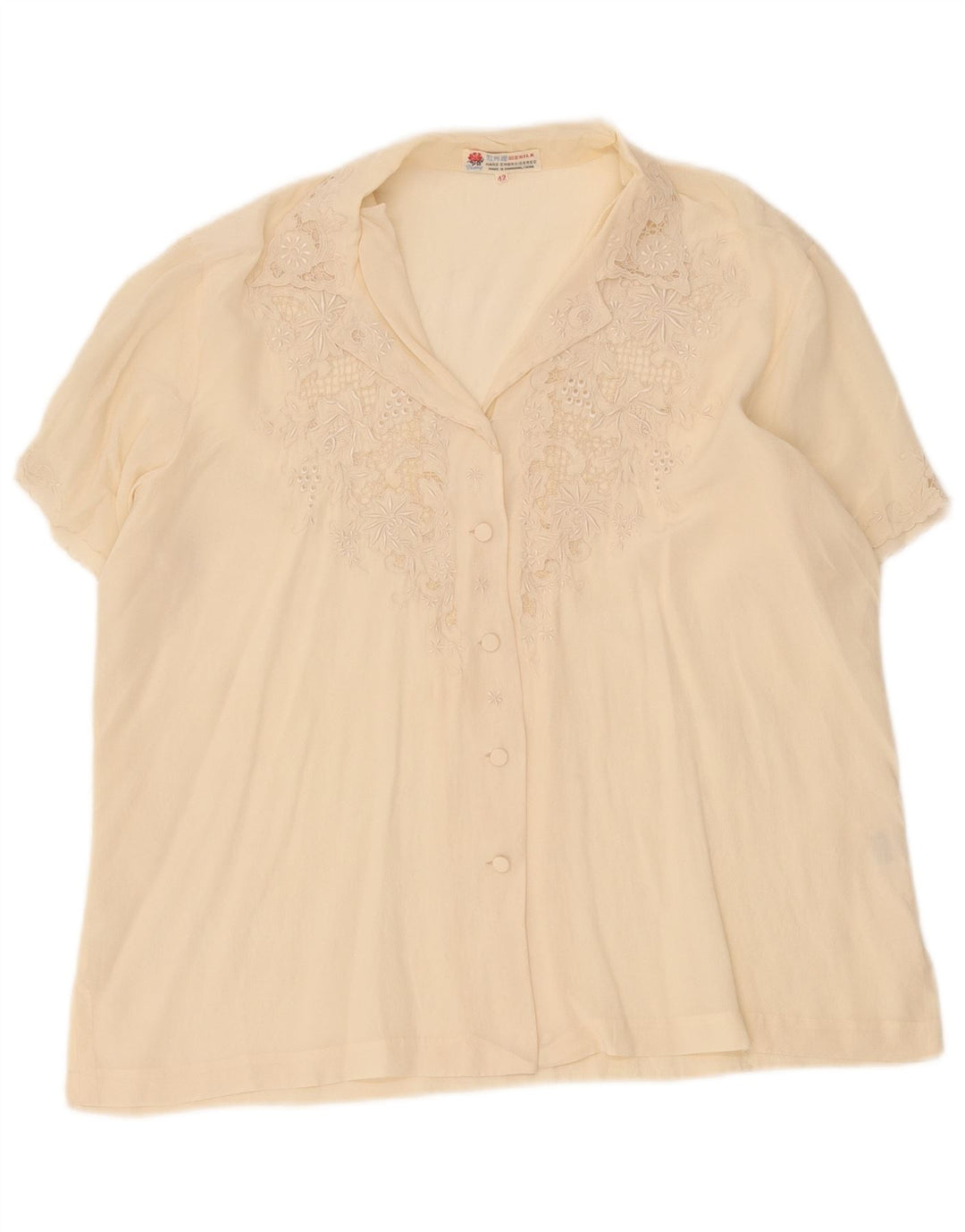 Vintage Damen Kurzarm-Hemdbluse IT 42 Medium Off White Silk
