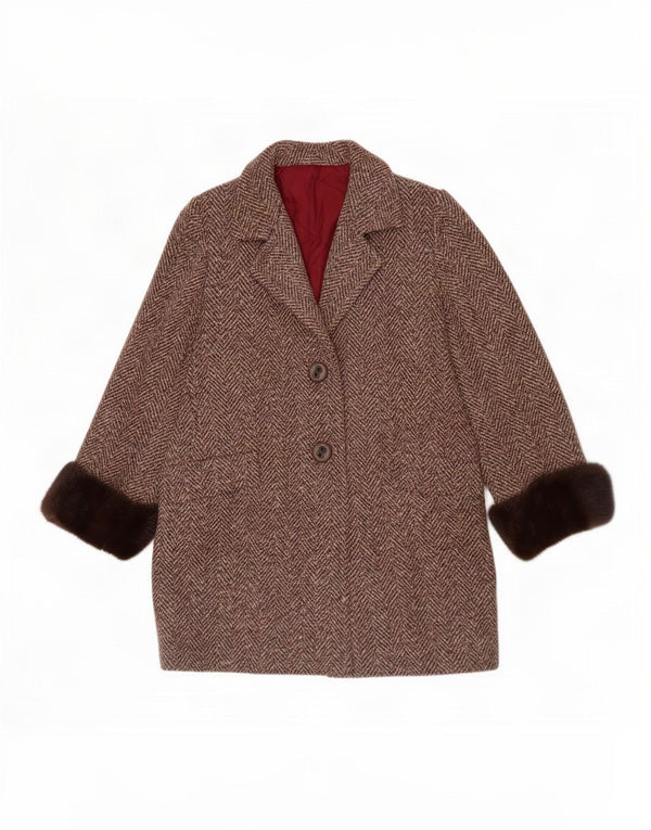 Vintage Damen Mantel UK 12 Mittelbraun Fischgrätenmuster