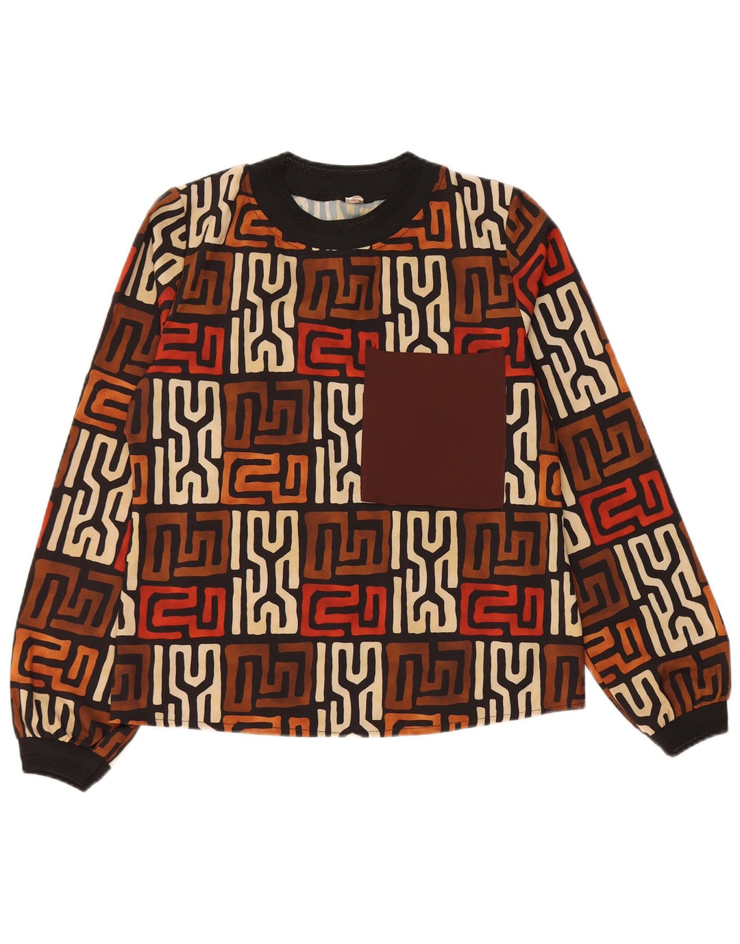 VINTAGE Damen Top Langarm UK 12 Mittelbraun Geometrisch