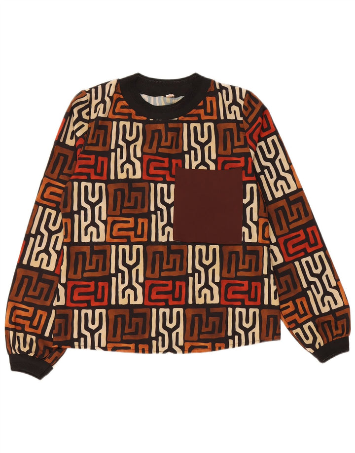 VINTAGE Damen Top Langarm UK 12 Mittelbraun Geometrisch