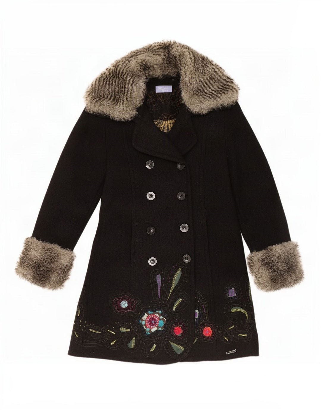 Desigual Damen grafischer zweireihiger Mantel EU 42 Großes schwarzes Blumenmuster
