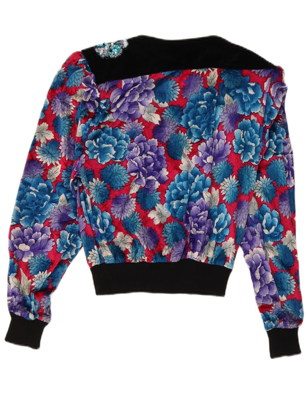 Vintage Damen Crop LangarmBluse Top US 10 Großes mehrfarbiges Blumenmuster
