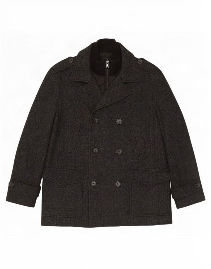 Calvin Klein Herren Pea Coat UK 40 Große graue Wolle mit Fischgrätenmuster