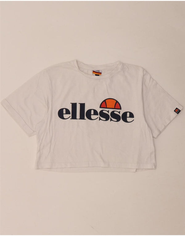 ELLESSE Damen Crop Graphic T-Shirt Top UK 10 Small Weiße Baumwolle