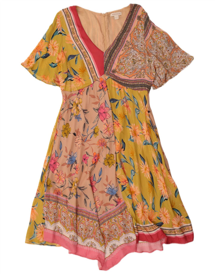 MONSOON Damen Asymmetrisches Kleid UK 14 Großes mehrfarbiges Patchwork