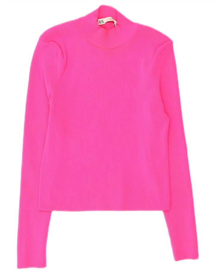 Zara Damen Crop Top Langarm UK 14 Large Rosa Polyamid