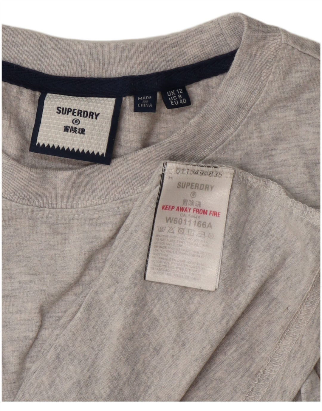 Superdry Damen Graphic Top Langarm UK 12 Mittelgraue Baumwolle