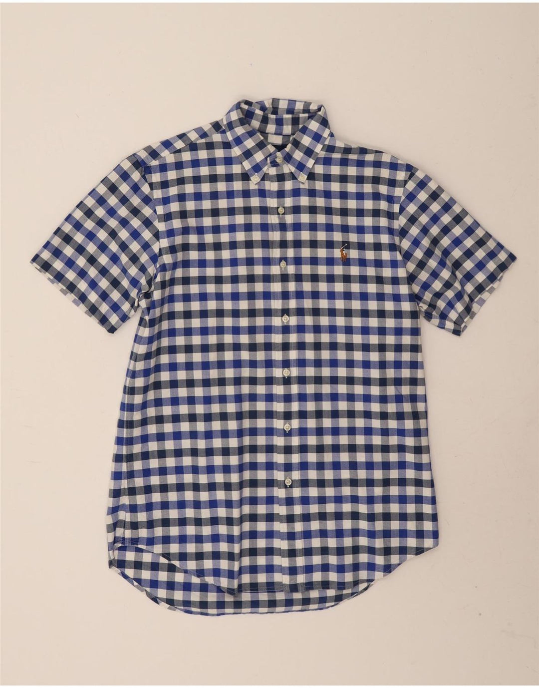 Ralph Lauren Herren-Kurzarmhemd aus mittelblauer Gingham-Baumwolle