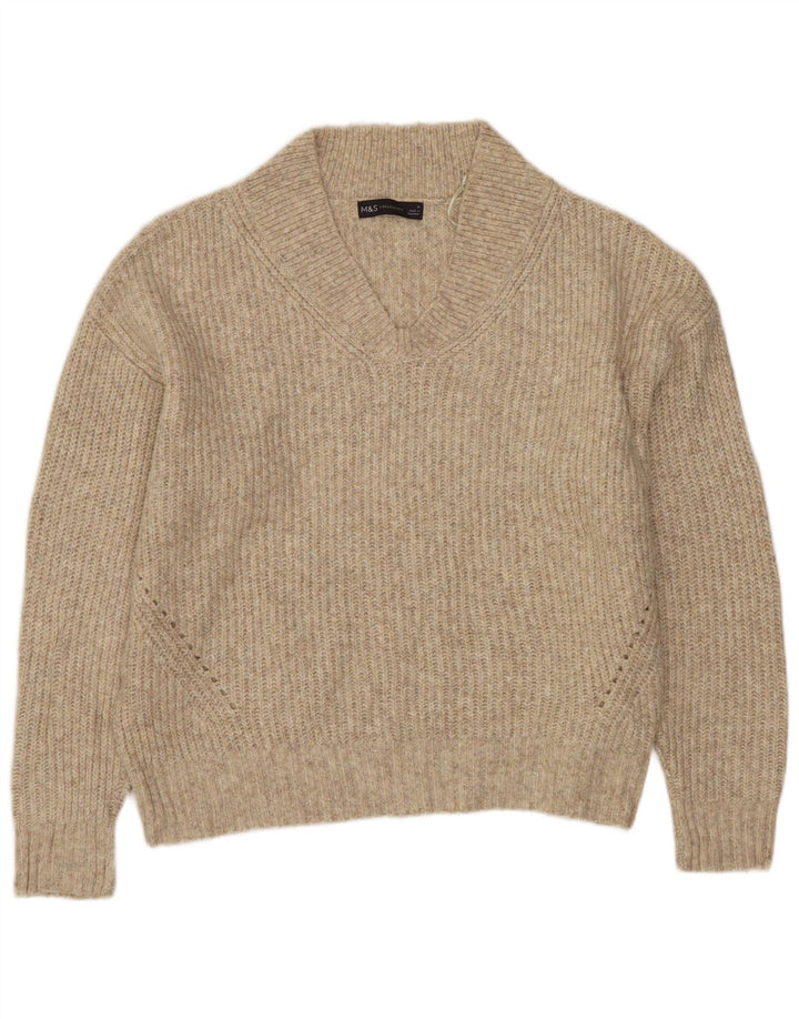 MARKS & SPENCER Damen Crop V-Ausschnitt Pullover Pullover UK 14 Mittelbeige