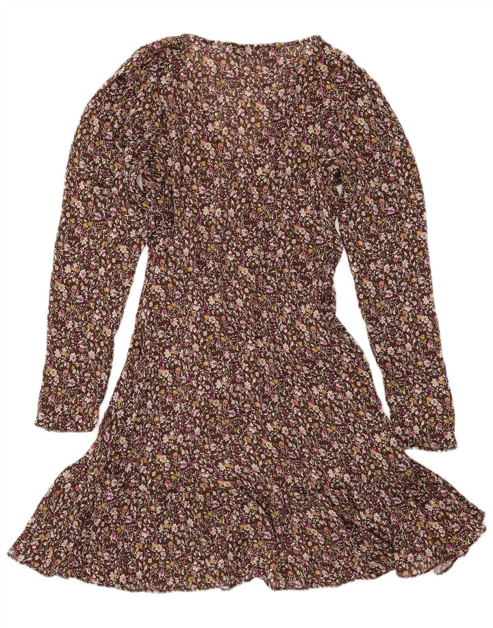 ZARA Damen Langarm-Wickelkleid UK 6 XS Braun geblümt