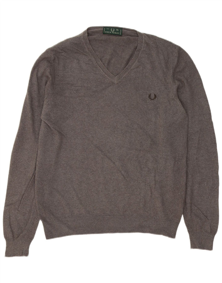 Fred Perry Herren-Pullover mit V-Ausschnitt, XL, graue Wolle