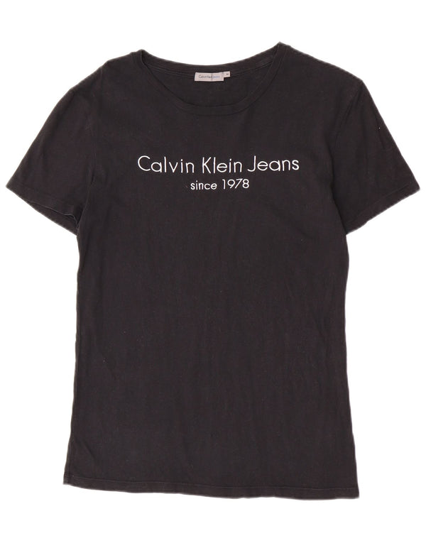 Calvin Klein Jeans Damen Grafik-T-Shirt-Oberteil UK 12 Mittelschwarze Baumwolle