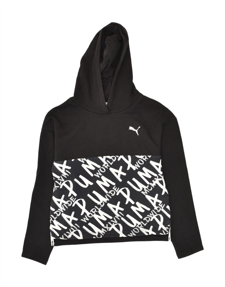 PUMA Girls Graphic Hoodie Jumper 11-12 Years Black Colourblock Cotton | Vintage Puma | Thrift | Second-Hand Puma | Used Clothing | Messina Hembry 