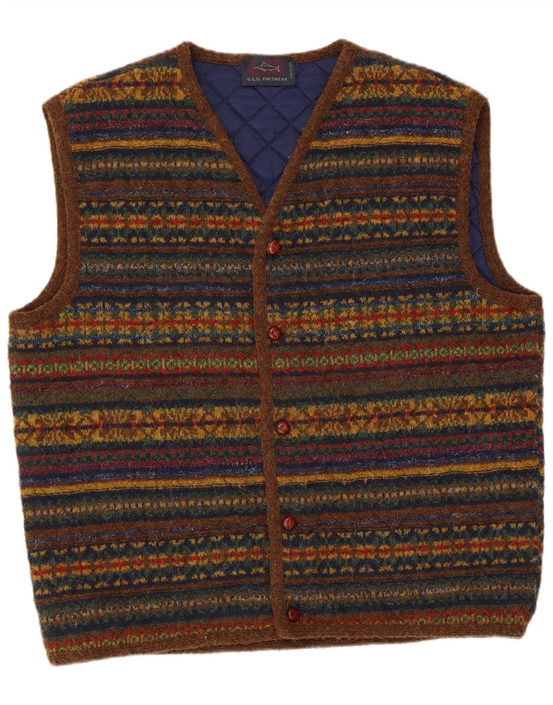 Vintage Herren ärmelloser Cardigan Pullover große mehrfarbig gestreifte Wolle