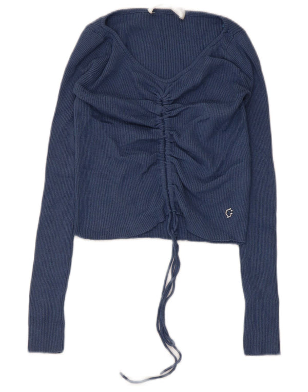 Guess Damen Crop Top Langarm UK 4 XS Marineblau Polyamid