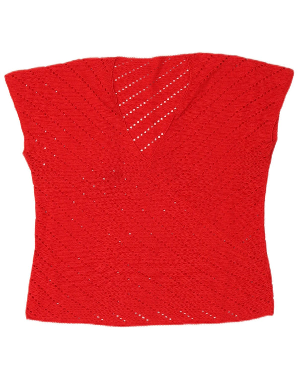 Vintage Damen Kurzärmeliger Pullover mit V-Ausschnitt UK 12 Mittelrot