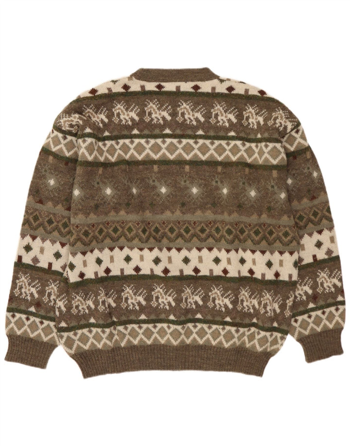 SEVRES Herren-Pullover mit Rundhalsausschnitt, IT 52, große Khaki-Fair-Isle-Wolle