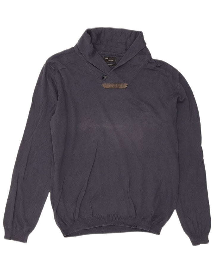Zara Herren-Pullover mit Schalkragen, mittlere marineblaue Baumwolle