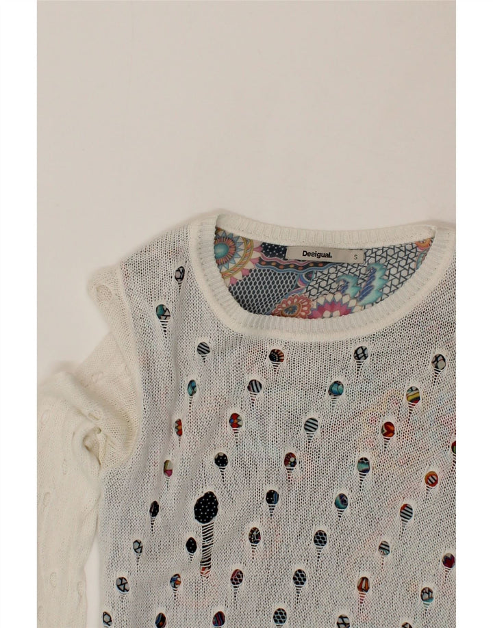 DESIGUAL Womens Boat Neck Jumper Sweater UK 10 Small White Polyester Vintage Desigual and Second-Hand Desigual from Messina Hembry 