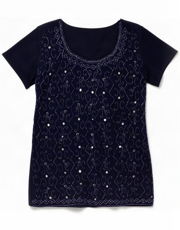 Vintage Womens Abstract Pattern Bluse Top UK 12 Medium Navy Blue