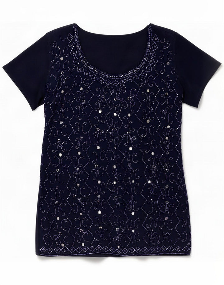 Vintage Womens Abstract Pattern Bluse Top UK 12 Medium Navy Blue