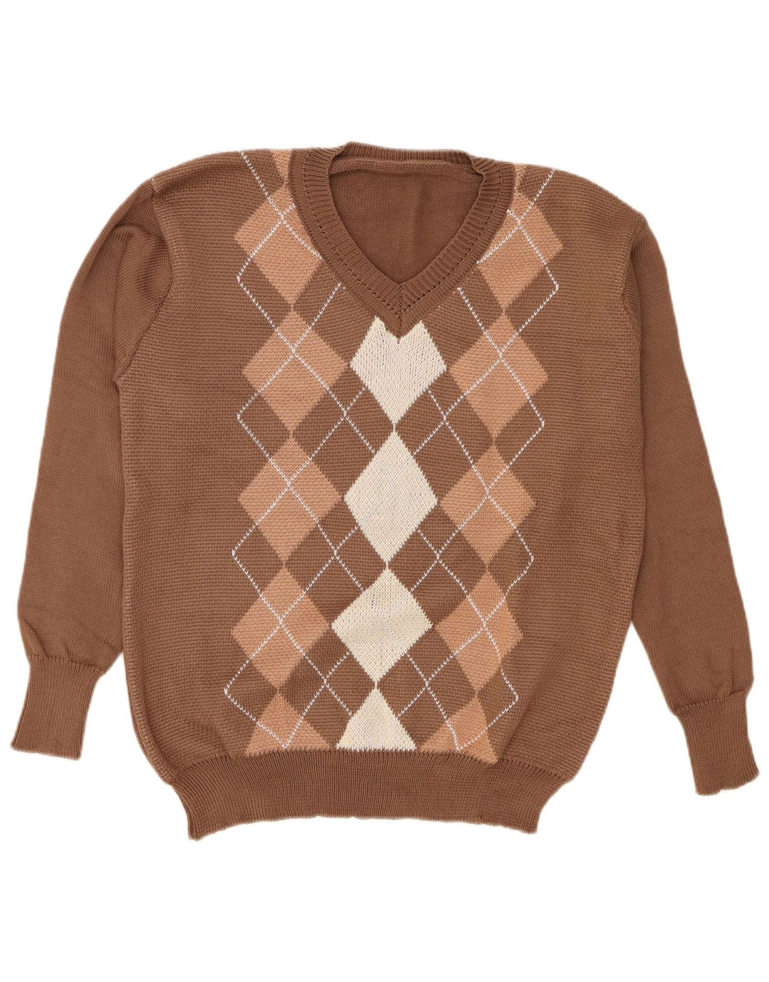 Vintage Damen Pullover mit V-Ausschnitt, groß, braun, Argyle/Diamant-Polyester