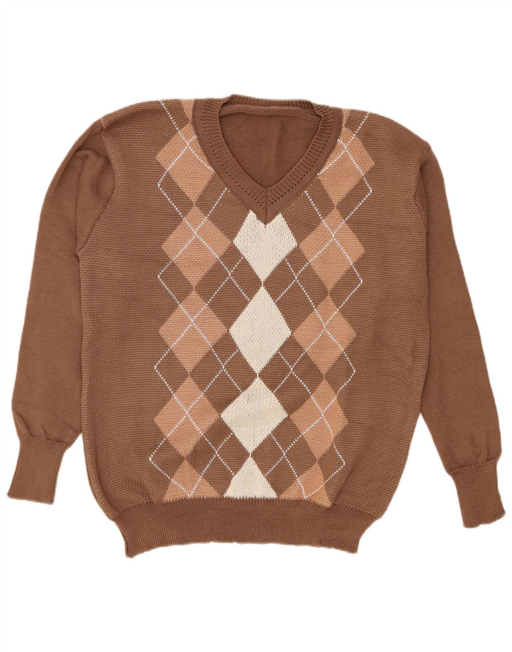 Vintage Damen Pullover mit V-Ausschnitt, groß, braun, Argyle/Diamant-Polyester