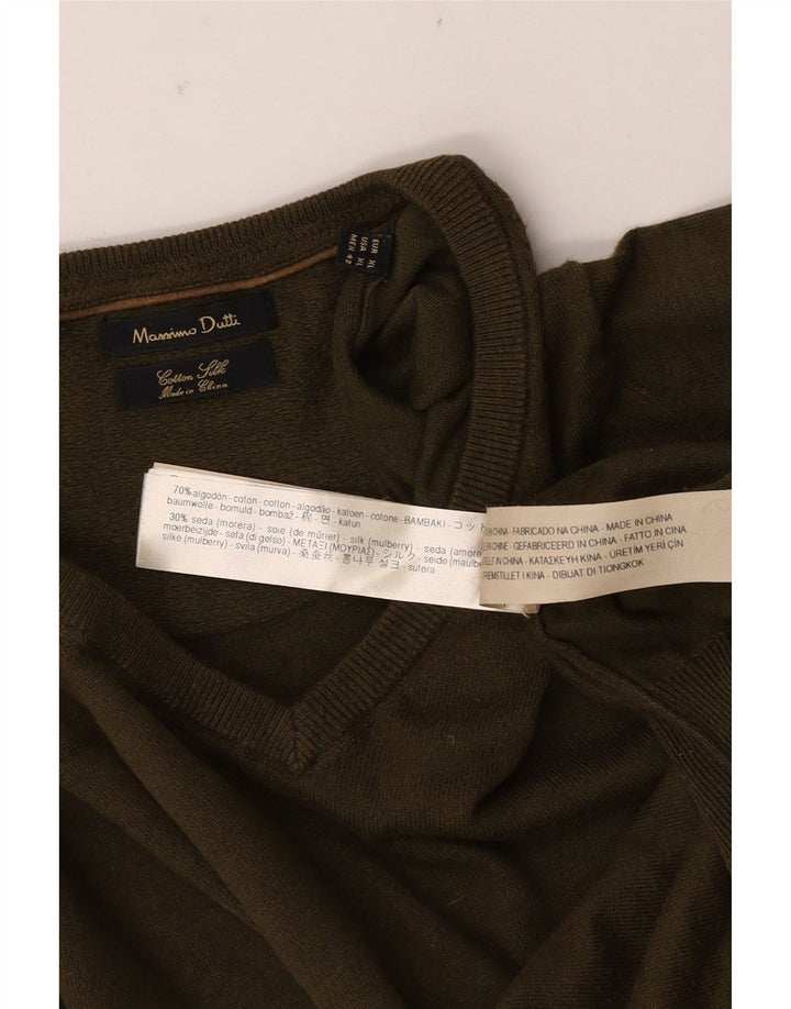 Massimo Dutti Herren-Pullover mit V-Ausschnitt, XL, Khaki, Baumwolle