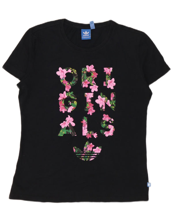 ADIDAS Damen Grafik T-Shirt Top UK 16 Large Schwarz geblümt Baumwolle