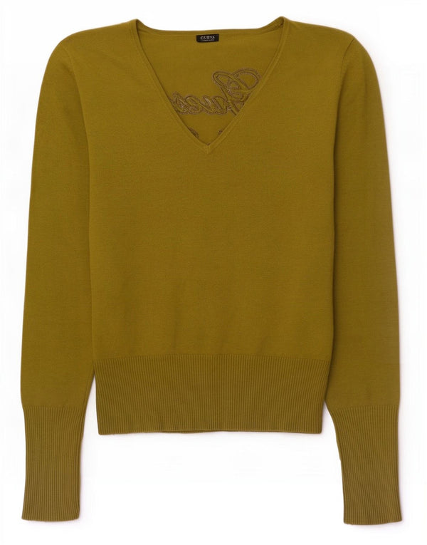 Guess Damen-Pullover mit grafischem V-Ausschnitt, UK 16, mittelgrüne Viskose