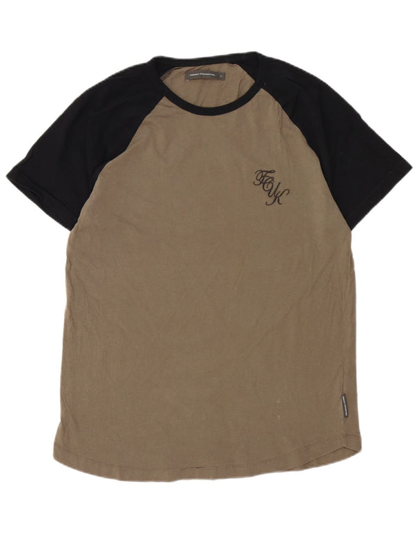 French Connection Mens Fcuk T-Shirt Top Large Khaki Colourblock Cotton