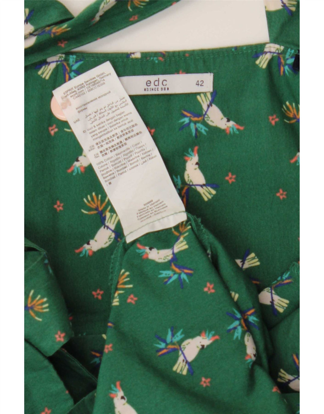 EDC Damen Neckholder-Kleid IT 42 Mittelgrüne geblümte Baumwolle