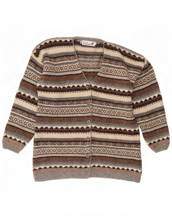 Tulchan Damen-Cardigan-Pullover UK 14 Mittelbraune Fair-Isle-Schurwolle